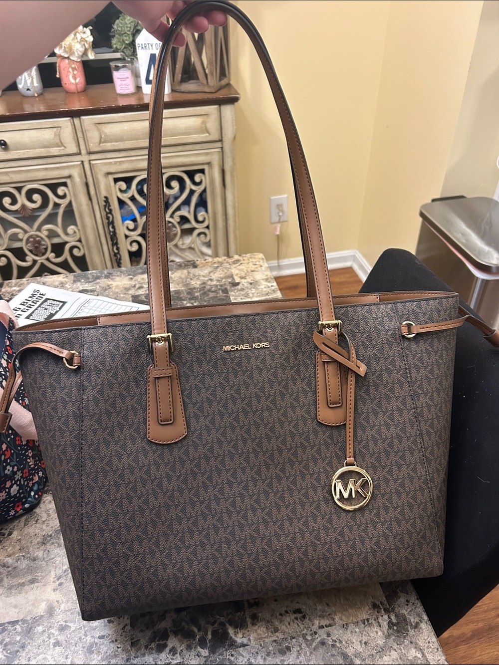 Michael Kors Brown Logo Print Tote with Tan Trim